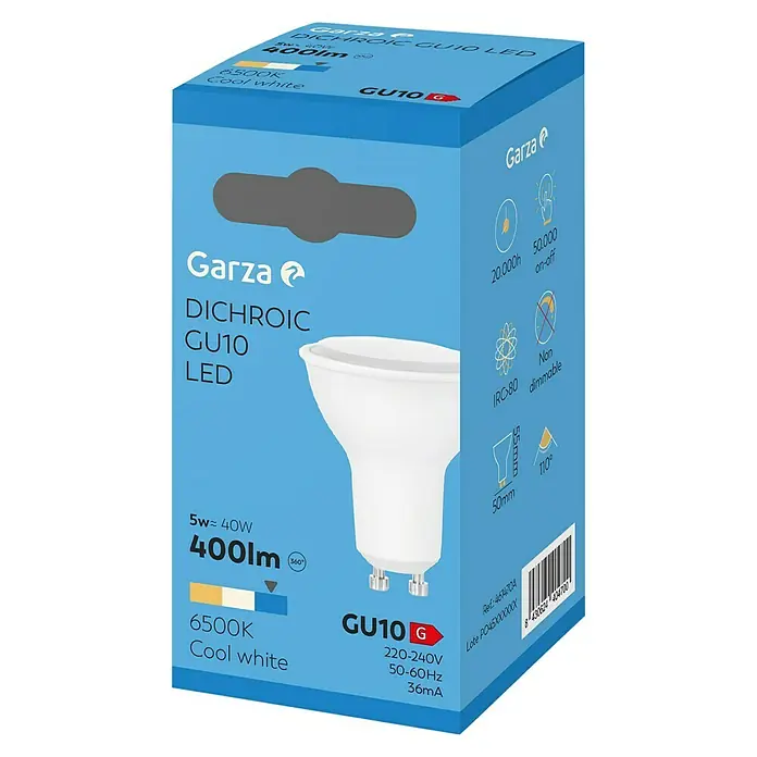 Garza Bombilla LED - GU10, Blanco frío, 400 lm, 5.000 K, 5 W - Imagen de un paquete de una bombilla LED GU10 de Garza, que ofrece 400lm de salida de luz a una temperatura de color de 6500K.