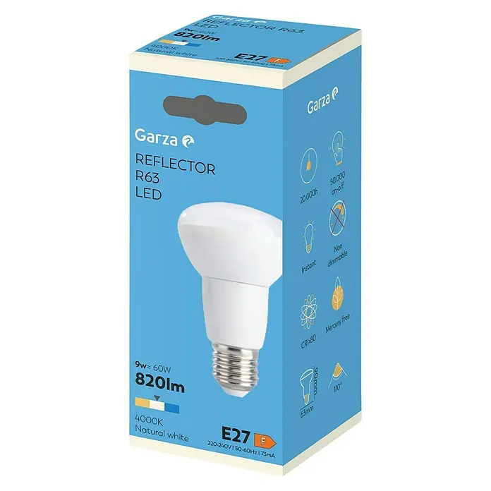 Garza Bombilla LED - E27, No regulable, Blanco neutro, 620 lm, 9,5 W - La imagen muestra un paquete azul de una bombilla reflector LED Garza R63 con 820 lúmenes y una temperatura de color de 4000K.