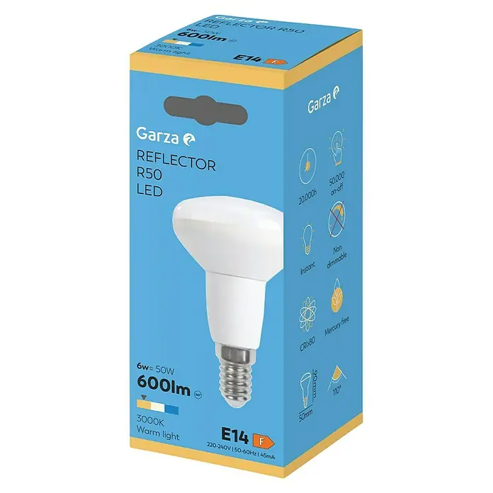 Garza Bombilla LED - E14, No regulable, Blanco cálido, 600 lm, 6 W - Primer plano del embalaje de una bombilla LED Garza Reflector R50, detallando las especificaciones técnicas y características del producto.