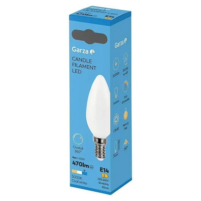Garza Bombilla LED Crystal - E14, No regulable, Blanco neutro, 470 lm, 4 W, Vela - Un primer plano del empaque de una lámpara LED Garza Candle Filament, que muestra soluciones de iluminación de bajo consumo.