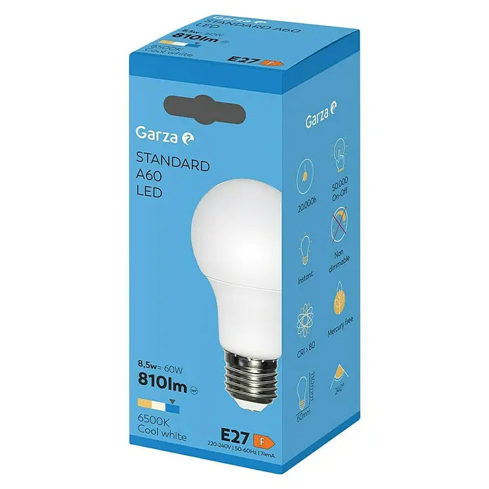 Garza Bombilla LED - E27, No regulable, Blanco frío, 810 lm, 9 W - Un embalaje azul de una bombilla LED Garza Standard A60 con 810 lúmenes y casquillo E27.