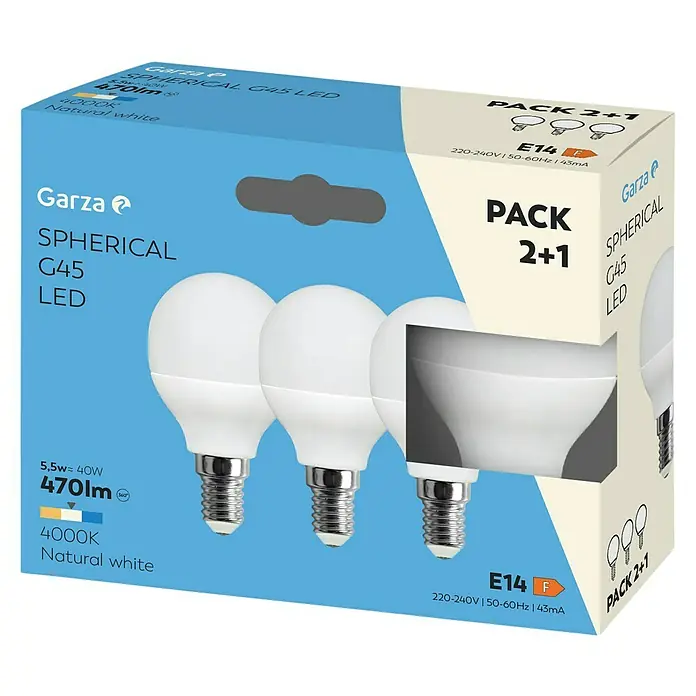 Garza Bombilla LED pack - E14, No regulable, Blanco neutro, 470 lm, 6 W - Imagen de un paquete de bombillas LED Garza Spherical G45, 5,5W equivale a 40W, 470lm, 4000K Natural White, E14, Pack 2+1.