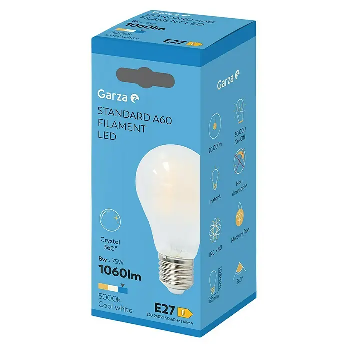 Garza Bombilla LED - E27, No regulable, Blanco neutro, 1.055 lm, 8 W - Una caja azul de bombilla de filamento LED Garza Standard A60 con 1060lm y temperatura de color de 5000K.