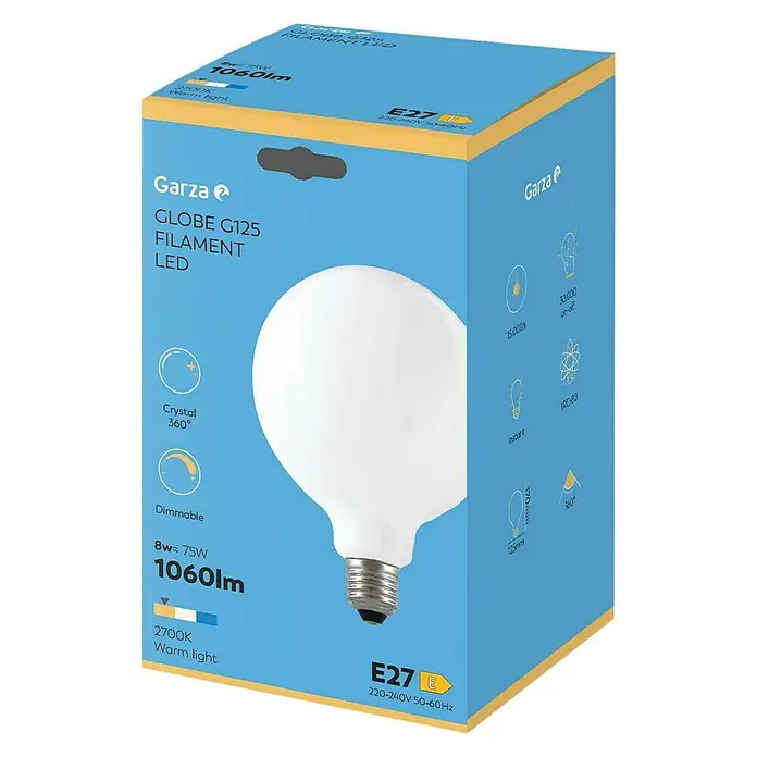 Garza Bombilla LED Vintage - E27, Intensidad regulable, Blanco cálido, 8 W, Blanco - Embalaje de una bombilla LED de filamento Globe G125 de Garza, regulable, 8W, 1060lm, luz blanca cálida 2700K, base E27.