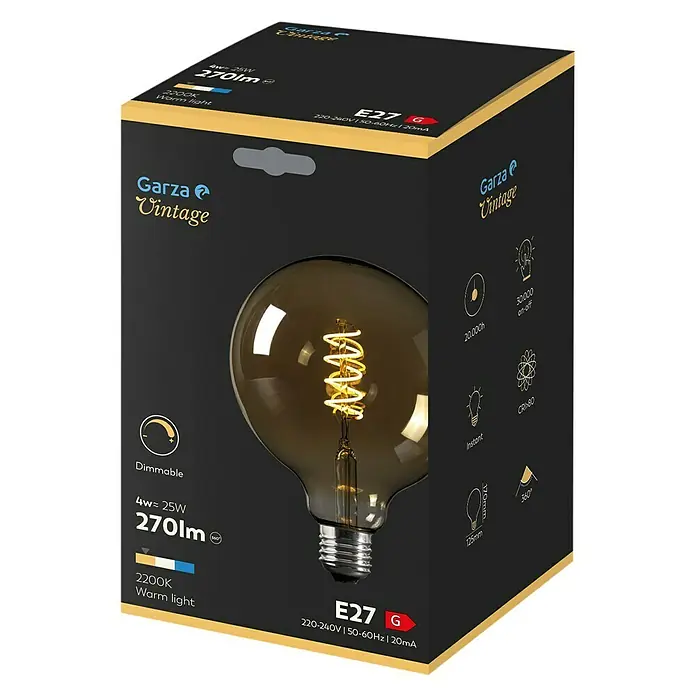 Garza Bombilla LED Vintage - E27, No regulable, Blanco cálido, 170 lm, 3 W, Espiral - Primer plano del embalaje de una bombilla LED E27 regulable Garza Vintage con 270lm y luz cálida.