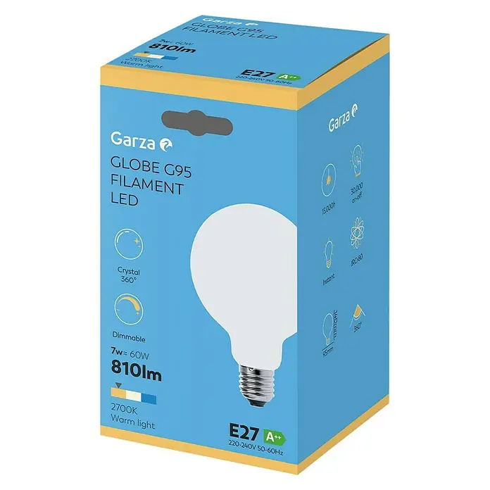 Garza Bombilla LED Vintage - E27, Intensidad regulable, Blanco cálido, 7 W, Blanco - Un paquete azul de una lámpara LED de filamento Garza Globe G95, destacable por su capacidad de regulación y su luz cálida.