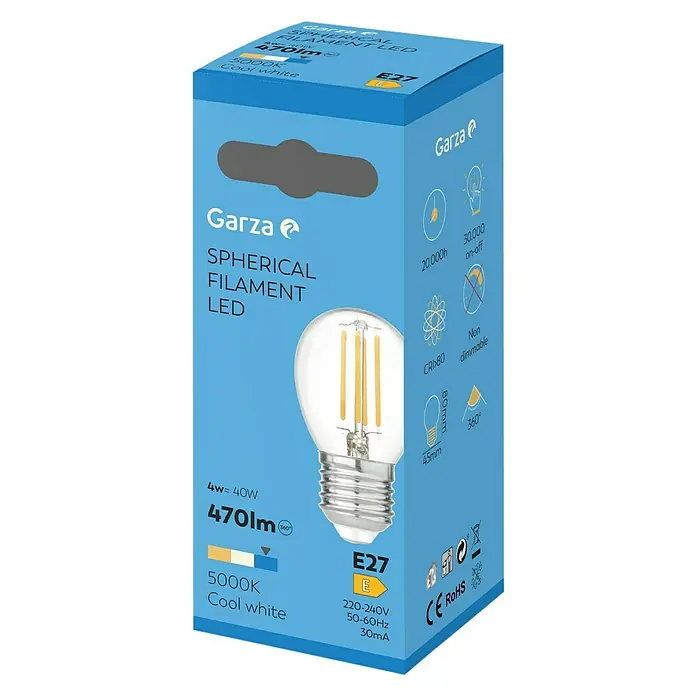 Garza Bombilla LED Filamento - E27, No regulable, Blanco frío, 470 lm, 4 W - Paquete de una bombilla LED de filamento E27 de Garza. La bombilla es de 4W, produce 470 lúmenes y emite una luz blanca fría (5000K).