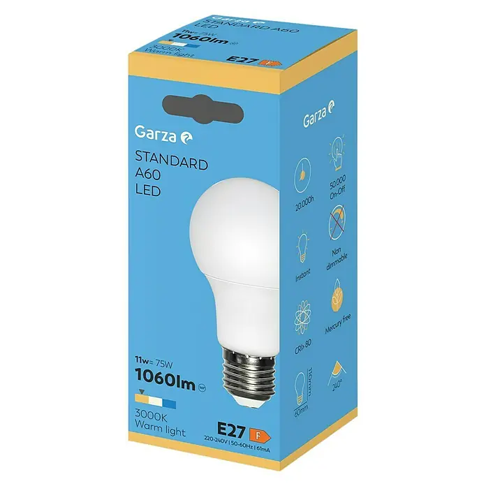 Garza Bombilla LED - E27, No regulable, Blanco cálido, 1.060 lm, 12 W - Primer plano de un paquete de bombilla LED Garza con el LED estándar A60 con 1060 lúmenes y luz cálida.