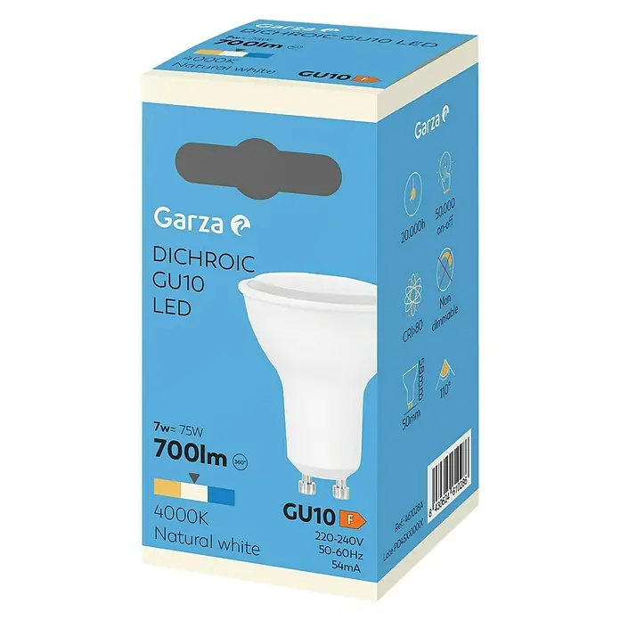 Garza Bombilla LED - GU10, No regulable, Blanco neutro, 700 lm, 4.000 K, 8 W - Embalaje del producto de una bombilla LED GU10 Garza de 7W y temperatura de color de 4000K para luz blanca natural.