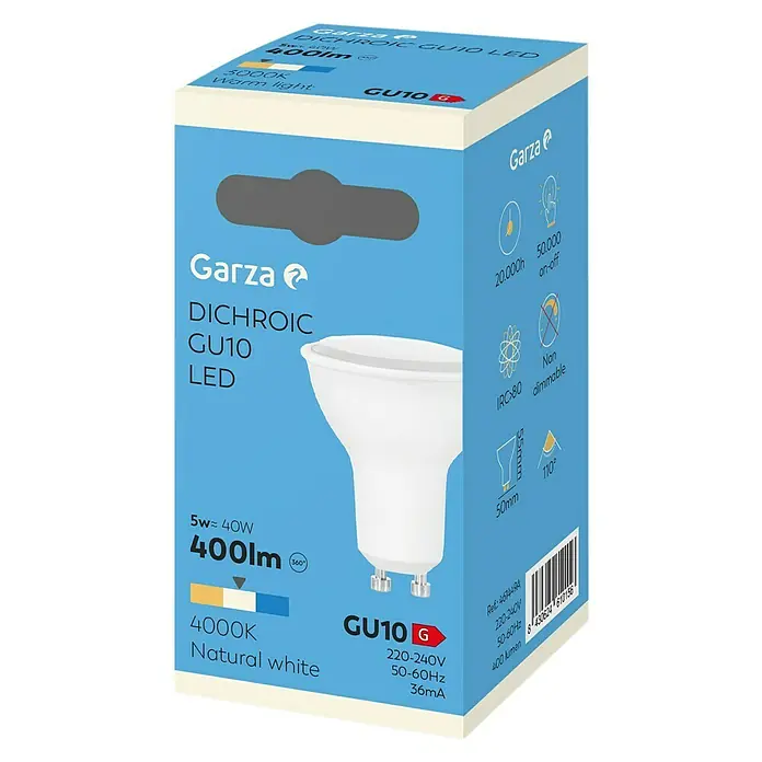 Garza Bombilla LED - GU10, No regulable, Blanco neutro, 400 lm, 4.000 K, 5 W - Imagen de una lámpara LED GU10 de Garza, que ofrece una luz cálida de 3000K y un color de luz blanca natural de 4000K.