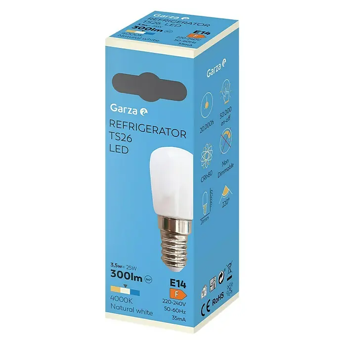 Garza Bombilla LED TS26 - E14, No regulable, Blanco neutro, 250 lm, 3,5 W - Imagen del producto de una bombilla LED Garza E14 para frigoríficos, 3,5W, 300lm, 4000K, Natural White.