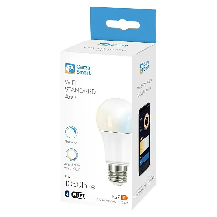 Garza Smart Home Bombilla LED - E27, Intensidad regulable, Blanco neutro, 1.060 lm, 12 W - Este es un producto para el hogar inteligente. Es el empaque de una bombilla LED Garza Smart WiFi Standard A60 regulable con CCT blanco ajustable.