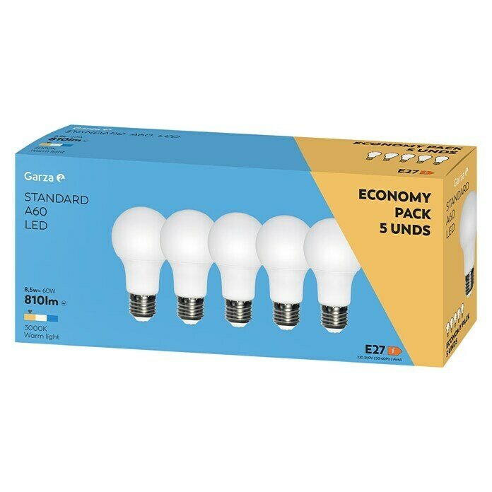 Garza Bombilla LED (5 uds., E27, 9 W, Color de luz: Blanco cálido, No regulable)