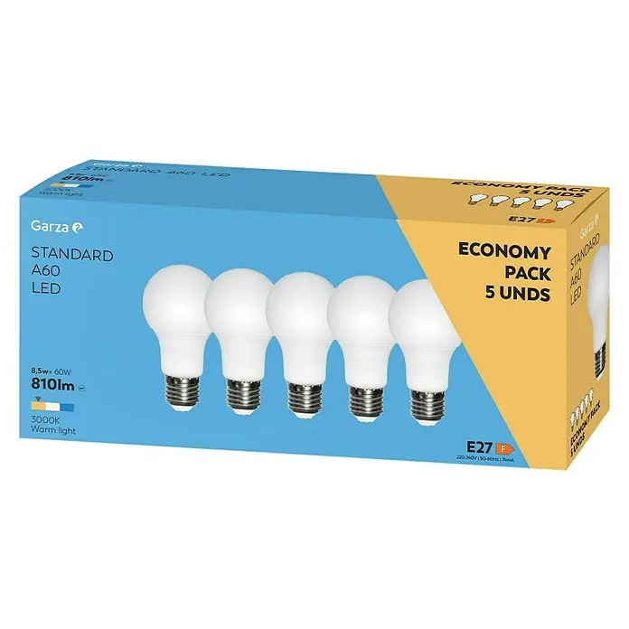 Garza Bombilla LED Pack - E27, No regulable, Blanco cálido, 810 lm, 9 W - Paquete de bombillas LED Garza Standard A60. Eficientes y duraderas para una iluminación brillante y cálida.