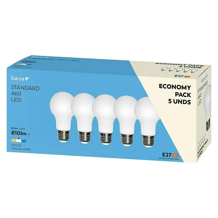 Garza Bombilla LED Pack - E27, No regulable, Blanco neutro, 810 lm, 9 W - Paquete de 5 bombillas LED A60 de la marca Garza, ideales para iluminar interiores con luz blanca cálida y larga duración.