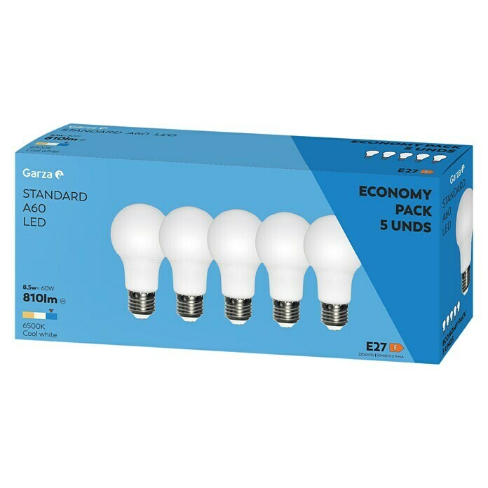 Garza Bombilla LED (5 uds., E27, 9 W, Color de luz: Blanco frío, No regulable)