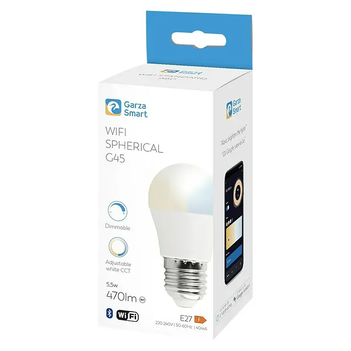 Garza Smart Home Bombilla LED - E27, Intensidad regulable, Blanco neutro, 470 lm, 5,5 W - Embalaje del producto de una bombilla LED Garza Smart WIFI Spherical G45, con función regulable y CCT blanco ajustable.
