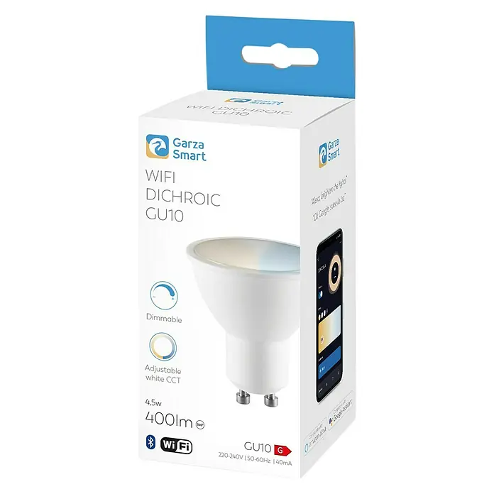 Garza Smart Home Bombilla LED - GU10, Intensidad regulable, Blanco neutro, 375 lm, 5,5 W - Primer plano de un embalaje para bombilla inteligente Garza Smart WiFi GU10 LED, regulable y con CCT blanca ajustable.