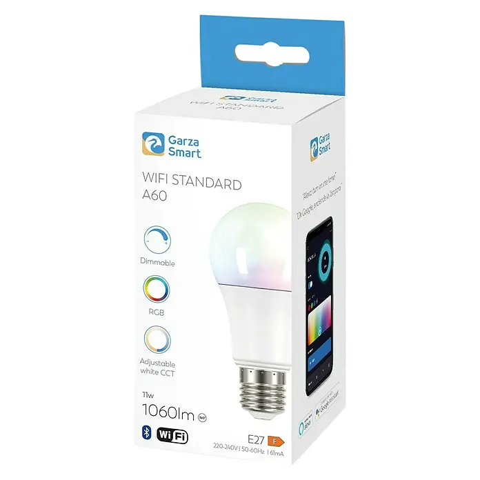 Garza Smart Home Bombilla LED RGB - E27, Intensidad regulable, RGBW, 1.060 lm, 12 W - Primer plano del embalaje de una bombilla inteligente WiFi A60 de Garza con función de atenuación y modo de color RGB.