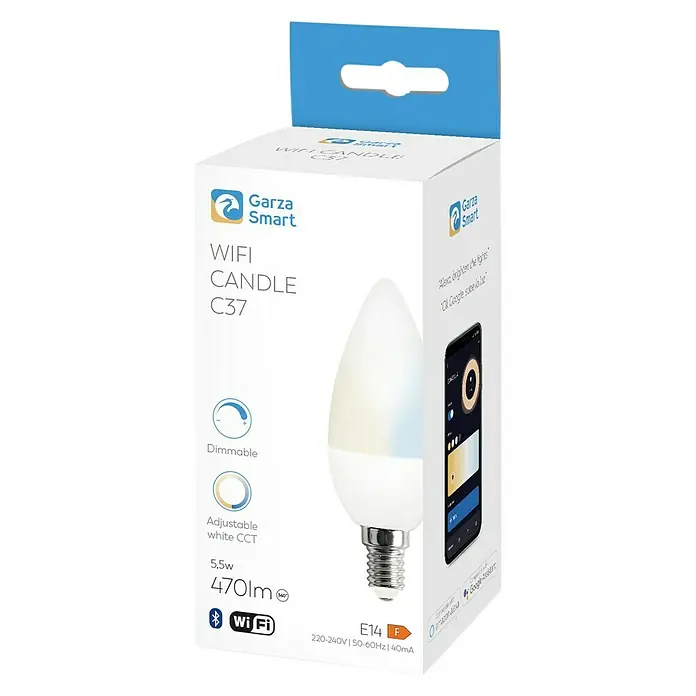 Garza Smart Home Bombilla LED - E14, Intensidad regulable, Blanco neutro, 470 lm, 5,5 W - Paquete de bombilla de vela inteligente Garza Smart WIFI C37 con casquillo E14, regulable y con CCT blanco ajustable.