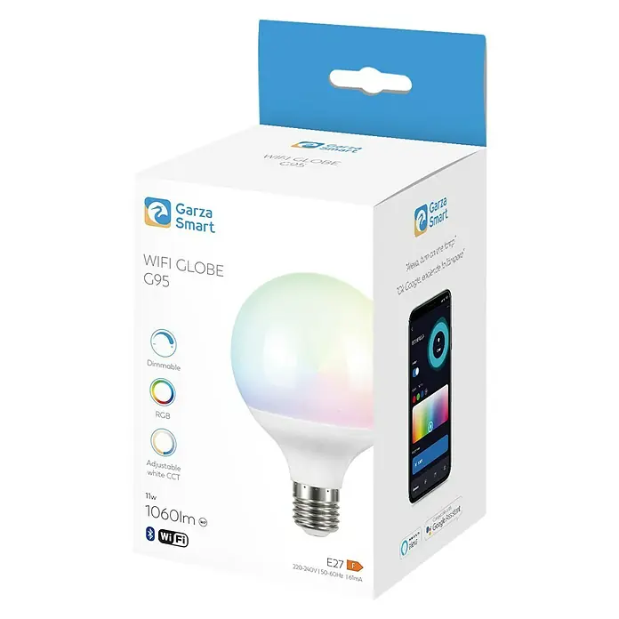 Garza Smart Home Bombilla LED RGB Globo - E27, Intensidad regulable, RGBW, 1.060 lm, 12 W - Primer plano del empaque de una bombilla LED inteligente Garza Smart WIFI GLOBE G95, con CCT blanca dimmable y ajustable.