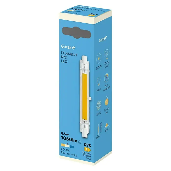 Garza Bombilla LED - E27, No regulable, Blanco neutro, 1.100 lm, 11 W - Primer plano del embalaje de una bombilla LED Garza Filament R7S, con 8,5W, 1060lm y luz blanca natural de 4000K.