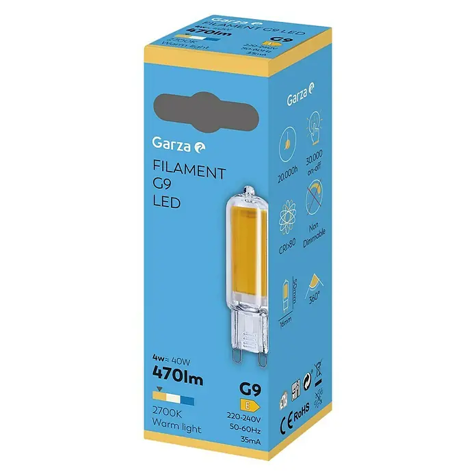 Garza Bombilla LED - G9, No regulable, Blanco cálido, 470 lm, 3,5 W - Embalaje de una bombilla de filamento LED Garza G9, 4W equivale a 40W, 470lm, luz cálida 2700K, no regulable y 20.000h de vida útil.