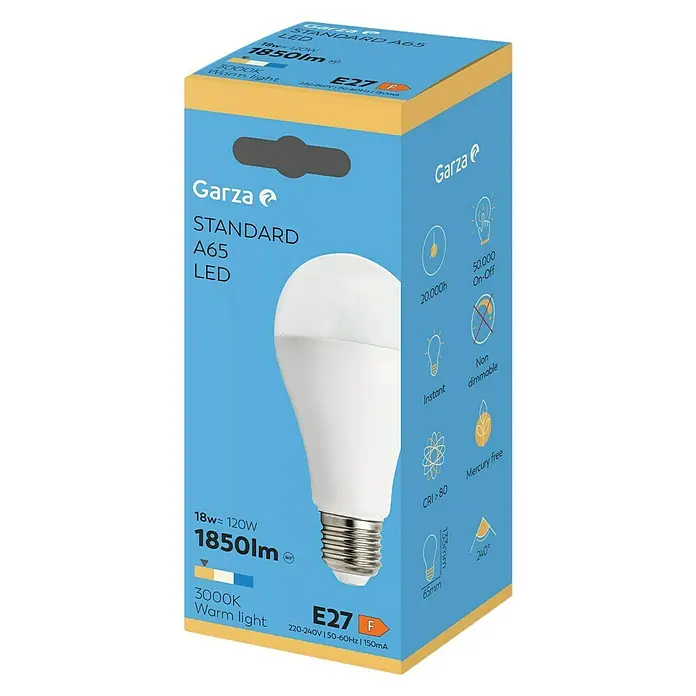 Garza Bombilla LED - E27, No regulable, Blanco cálido, 1.800 lm, 18 W - Imagen de una bombilla LED Garza Standard A65 con 1850 lúmenes y luz blanca cálida sobre una caja de cartón azul.