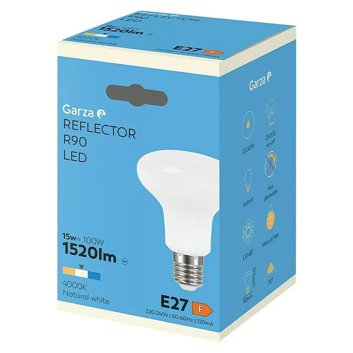 Garza Bombilla LED - E27, No regulable, Blanco neutro, 1.500 lm, 18 W - Primer plano del embalaje de la bombilla reflectora LED Garza R90, destacando detalles como la potencia, los lúmenes y la temperatura de color.