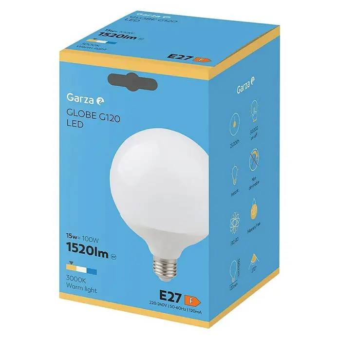Garza Bombilla LED - E27, No regulable, Blanco cálido, 1.520 lm, 18 W - Una caja que presenta una bombilla LED Garza Globe G120, que produce 1520 lúmenes con una luz blanca cálida de 3000K.