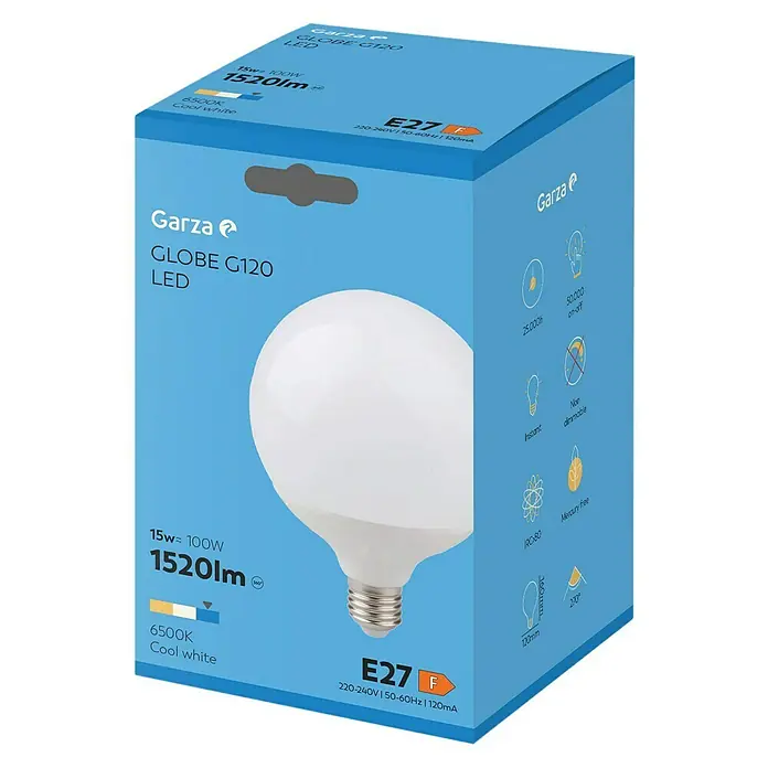 Garza Bombilla LED - E27, No regulable, Blanco frío, 1.520 lm, 18 W - Embalaje del producto de una lámpara LED Garza Globe G120 con 1520 lúmenes y temperatura de color 6500K para blanco frío.