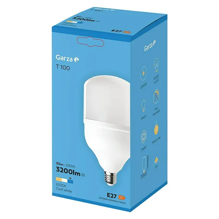 Garza Bombilla LED - E27, No regulable, Blanco frío, 3.000 lm, 30 W - Embalaje de la bombilla LED Garza T 100. Con 3200 lúmenes y una temperatura de color de 6500K, proporciona luz blanca fría.
