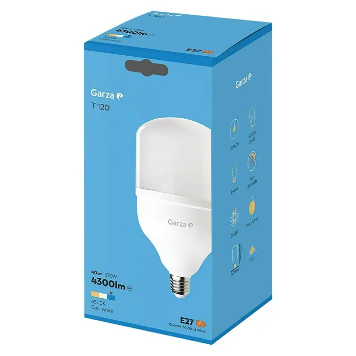 Garza Bombilla LED - E27, No regulable, Blanco frío, 4.000 lm, 40 W - La imagen muestra el empaque de una bombilla LED Garza T 120, con 4300 lúmenes, luz blanca fría de 6500K y sin mercurio.