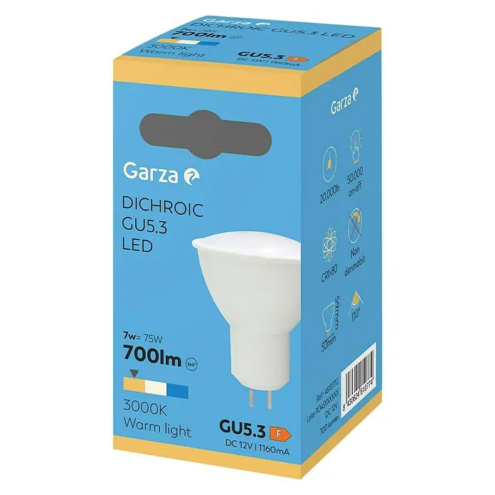 Garza Bombilla LED - GU5,3, No regulable, Blanco cálido, 700 lm, 9 W - Imagen del producto de una bombilla LED GU5.3 de Garza, con un consumo de 7W y una salida de luz de 700lm. Luz blanca cálida con 3000K.