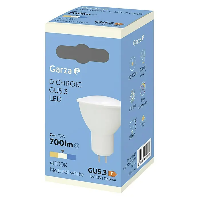 Garza Bombilla LED - GU5,3, No regulable, Blanco neutro, 700 lm, 9 W - El embalaje de una bombilla LED blanca Garza DICHROIC GU5.3, que produce 700 lúmenes y 4000K blanco natural.