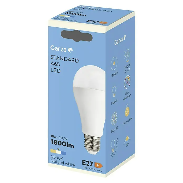 Garza Bombilla LED - E27, No regulable, Blanco neutro, 1.800 lm, 18 W - Embalaje de una bombilla LED Garza Standard A65, 18W, 1800lm, 4000K, luz blanca natural, casquillo E27.