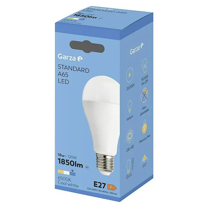 Garza Bombilla LED - E27, No regulable, Blanco frío, 1.800 lm, 18 W - Paquete de una bombilla LED Garza Standard A65 que proporciona 1850 lúmenes y emite luz blanca fría de 6500K.