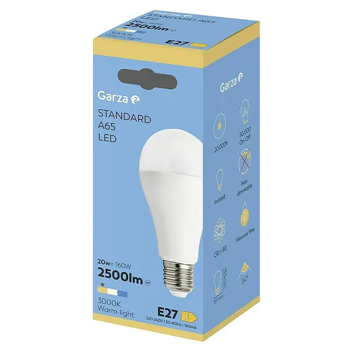 Garza Bombilla LED - E27, No regulable, Blanco cálido, 2.500 lm, 20 W - Una bombilla LED de la marca Garza, Standard A65, con 2500 lúmenes y luz blanca cálida (3000K) en un paquete azul.