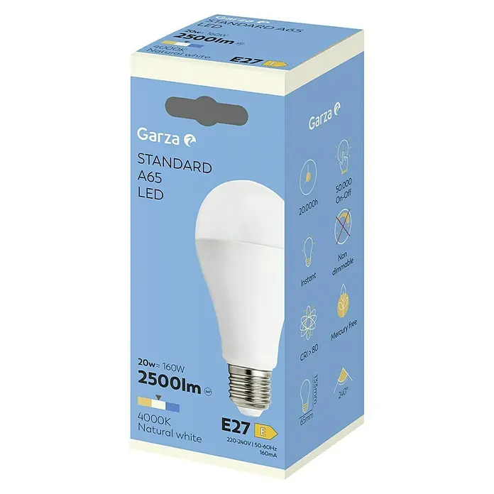 Garza Bombilla LED - E27, No regulable, Blanco neutro, 2.500 lm, 20 W - Bombilla LED marca Garza, modelo Standard A65. La bombilla brilla con 2500 lúmenes y tiene una temperatura de color de 4000K.
