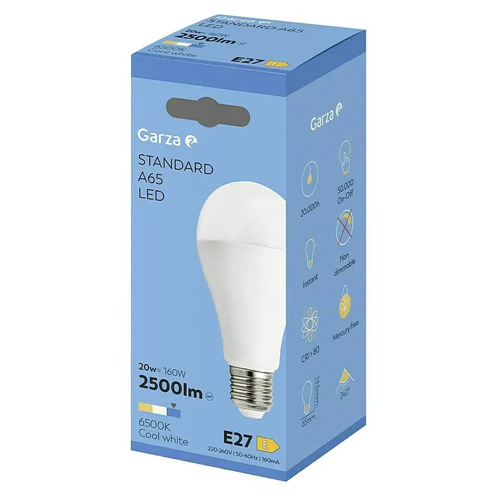 Garza Bombilla LED - E27, No regulable, Blanco frío, 2.500 lm, 20 W - Imagen del producto: Una bombilla LED Garza, A65 Standard, con 2500lm y 6500K, para un blanco frío.