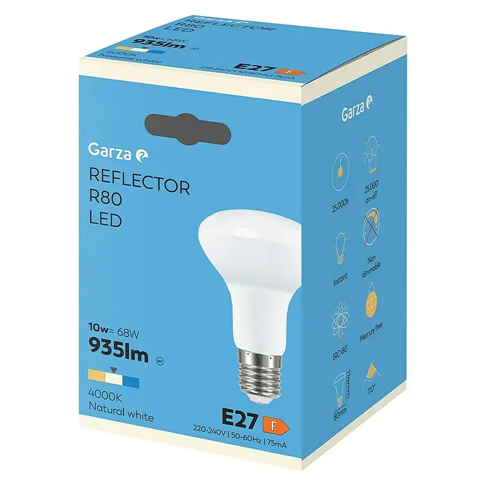 Garza Bombilla LED - E27, No regulable, Blanco neutro, 840 lm, 11 W - Imagen de un paquete para una lámpara reflectora LED Garza R80 con 935 lúmenes y temperatura de color 4000K.