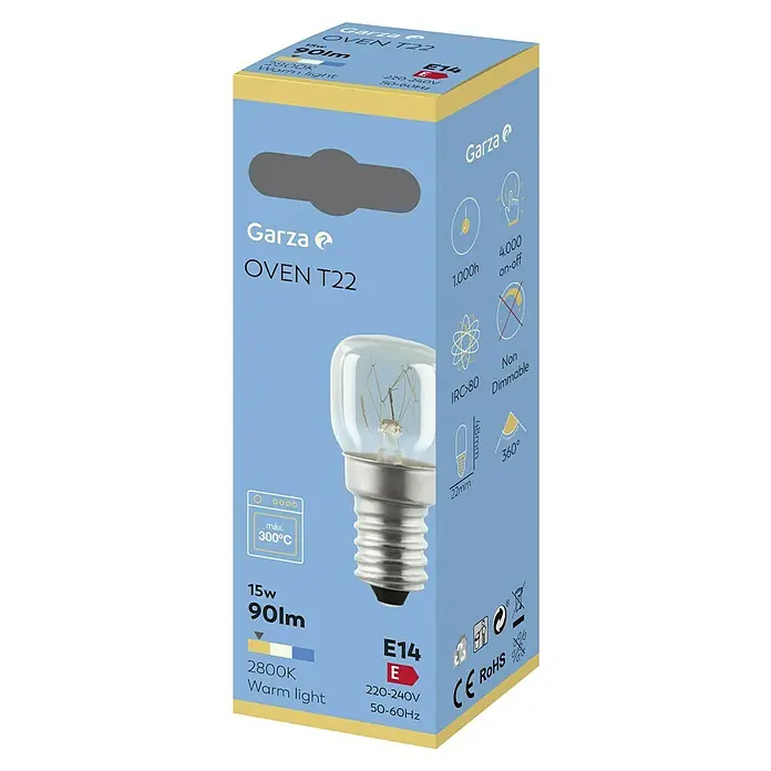 Garza Bombilla LED Horno T22 - E14, No regulable, Blanco cálido, 90 lm, 15 W - Paquete de bombilla Garza OVEN T22, 15W, 90lm, casquillo E14, luz cálida 2800K, apta para hornos hasta 300°C.