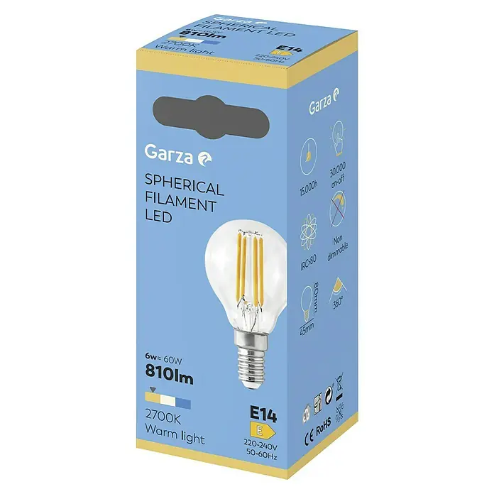 Garza Bombilla LED Filamento - E14, Blanco cálido, 810 lm, 6 W, Redonda - Primer plano del embalaje de una bombilla LED Garza Spherical Filament con base E14, potencia de 6W y luz blanca cálida.