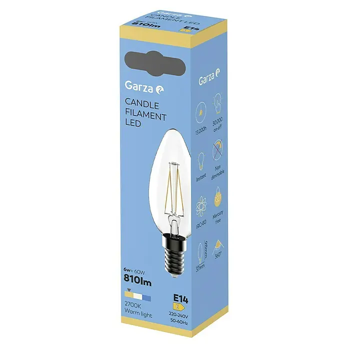 Garza Bombilla LED Filamento - E14, Blanco cálido, 810 lm, 6 W, Vela - Una foto del producto de la lámpara LED Garza Candle Filament, E14, con 6W de potencia y 810 lúmenes de flujo luminoso, ideal para iluminación ambiental.