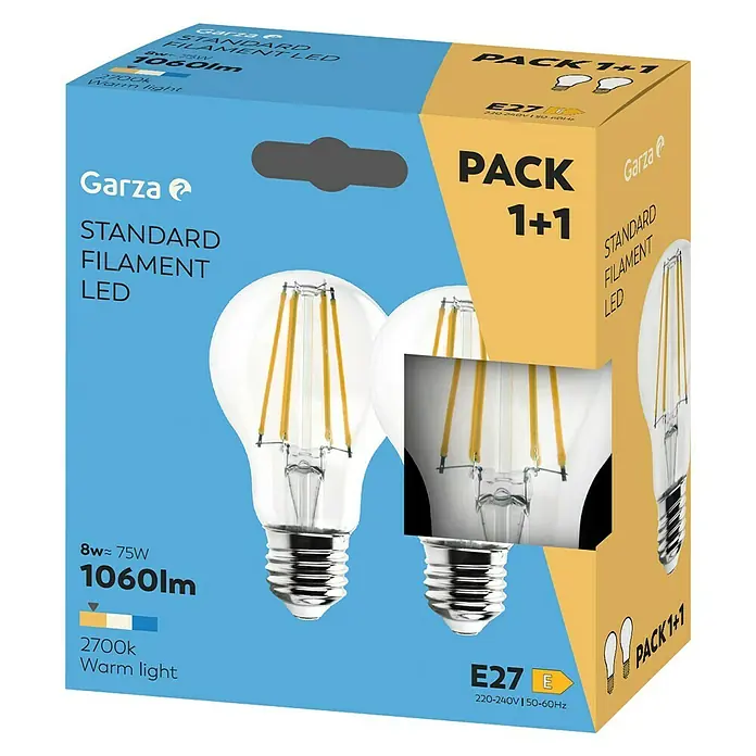 Garza Set de bombillas LED Filamento - E27, Blanco cálido, 1.050 lm, 9 W, 2 ud. - Paquete de dos bombillas LED de filamento estándar Garza, 8W, 1060lm, luz cálida 2700K, casquillo E27.