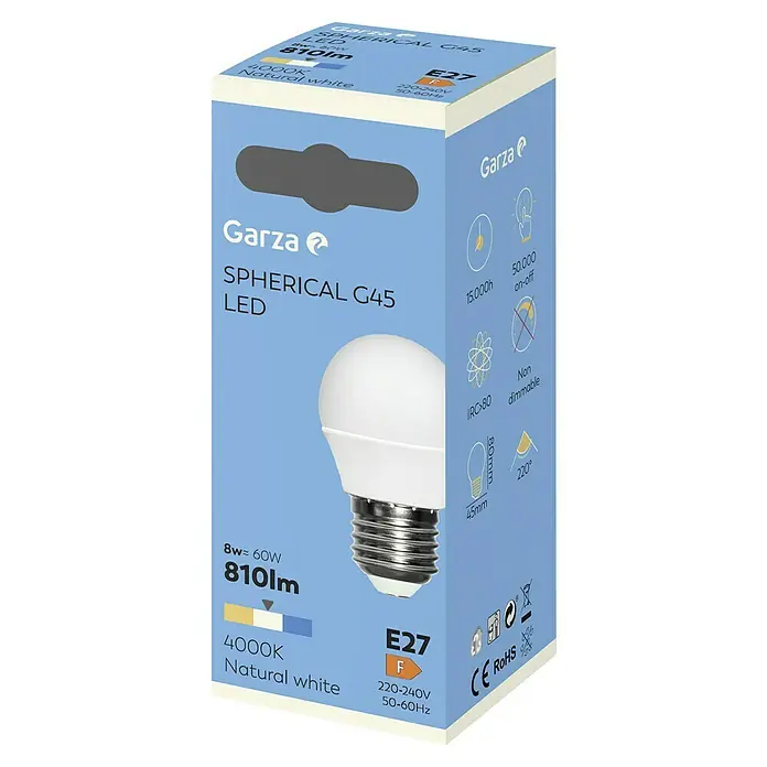 Garza Bombilla LED - E27, Blanco neutro, 810 lm, 4.000 K, 8 W - Embalaje de una bombilla LED Garza Spherical G45 con casquillo E27, 8W de potencia, 810lm de flujo luminoso y 4000K de temperatura de color.