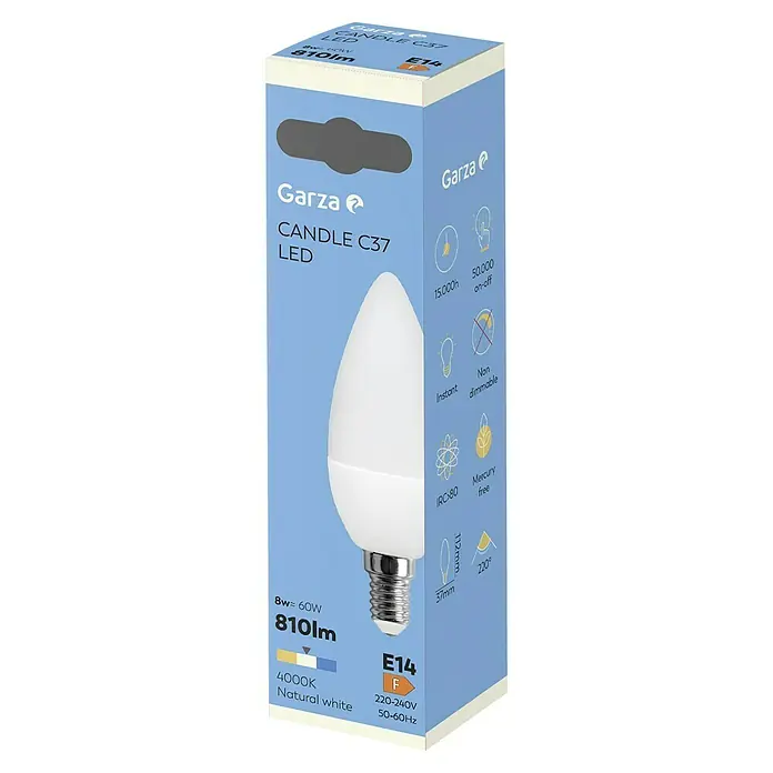 Garza Bombilla LED - E14, Blanco neutro, 810 lm, 8 W, Vela - Ahorra con estilo: bombilla LED Garza Candle C37 con base E14, 810 lúmenes y luz blanca cálida para un ambiente acogedor.