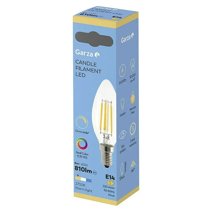 Garza Bombilla LED Filamento Regulable - E14, Intensidad regulable, Blanco cálido, 810 lm, 6 W, Vela - Primer plano de una bombilla LED de filamento de vela Garza E14 de 6W, que produce luz blanca cálida de 2700K y es regulable.