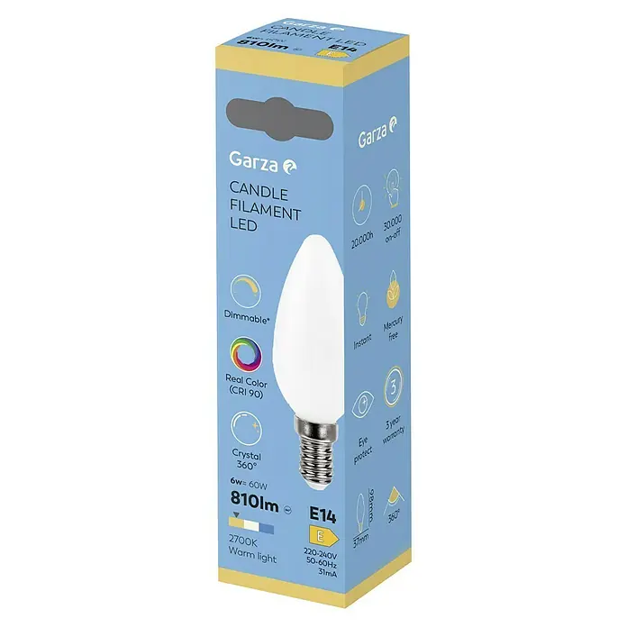 Garza Bombilla LED Filamento Regulable - E14, Intensidad regulable, Blanco cálido, 810 lm, 6 W, Vela, Mate - Primer plano del embalaje de la bombilla LED de vela Garza, destacando características como la regulación y la reproducción del color.