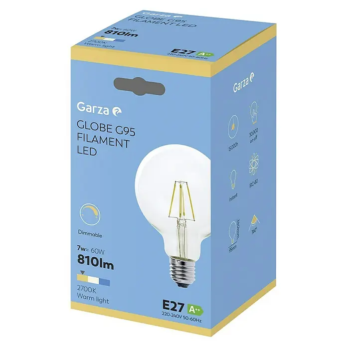 Garza Bombilla LED Globo Filamento - E27, Blanco cálido, 810 lm, 7 W - El embalaje de una bombilla LED de filamento regulable de 7W Garza Globe G95 que emite una luz cálida de 2700K y tiene una larga vida útil.